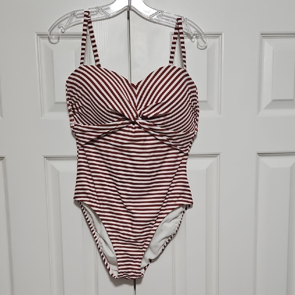 Kona Sol Womens Large L Burnt Red & White Striped One-Piece Swimsuit EUC
